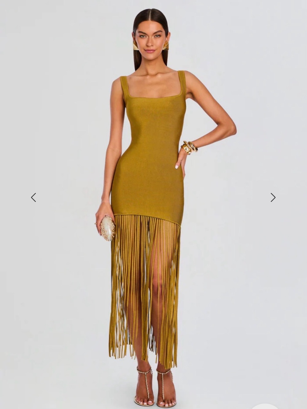 Retrofete SADDLER DRESS  Olive Fringe Midi Dress with Square Neckline